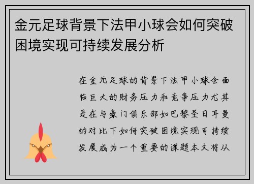 金元足球背景下法甲小球会如何突破困境实现可持续发展分析