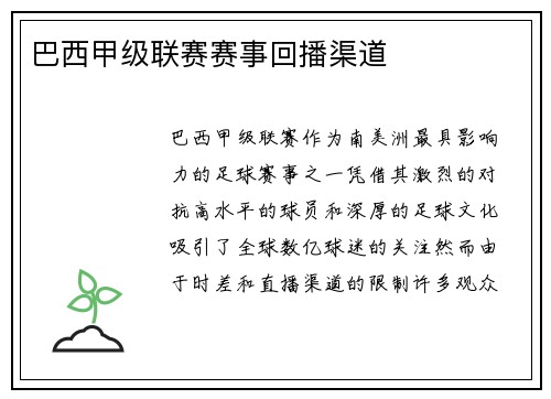 巴西甲级联赛赛事回播渠道