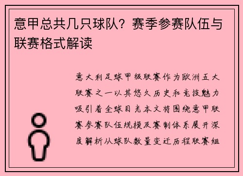 意甲总共几只球队？赛季参赛队伍与联赛格式解读